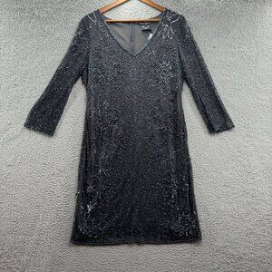 Pisarro‎ Nights Beaded V-Neck Cocktail Dress Slate 16